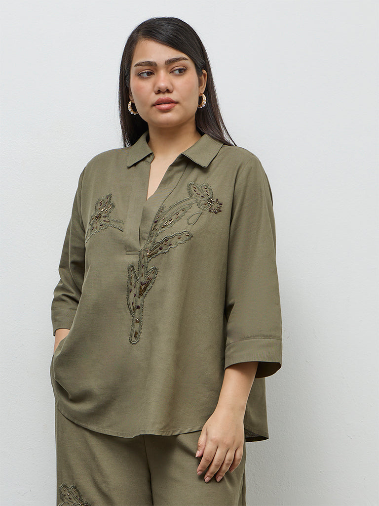 Gia Olive Floral Embellished Blouse