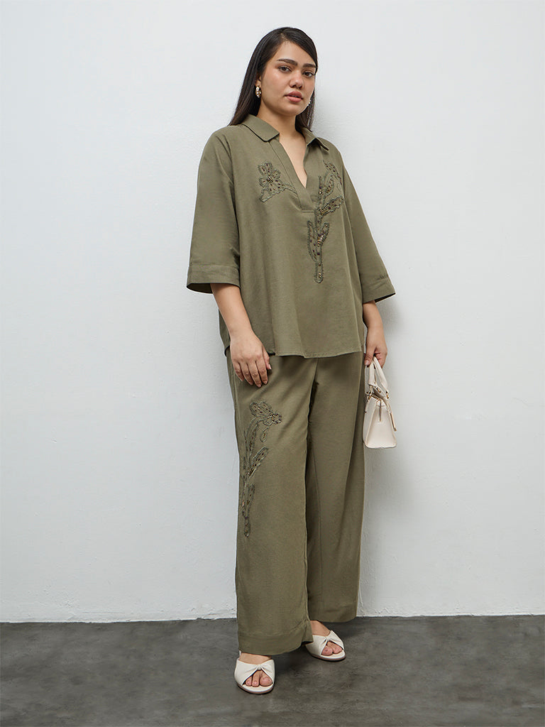 Gia Olive Floral Embellished Blouse