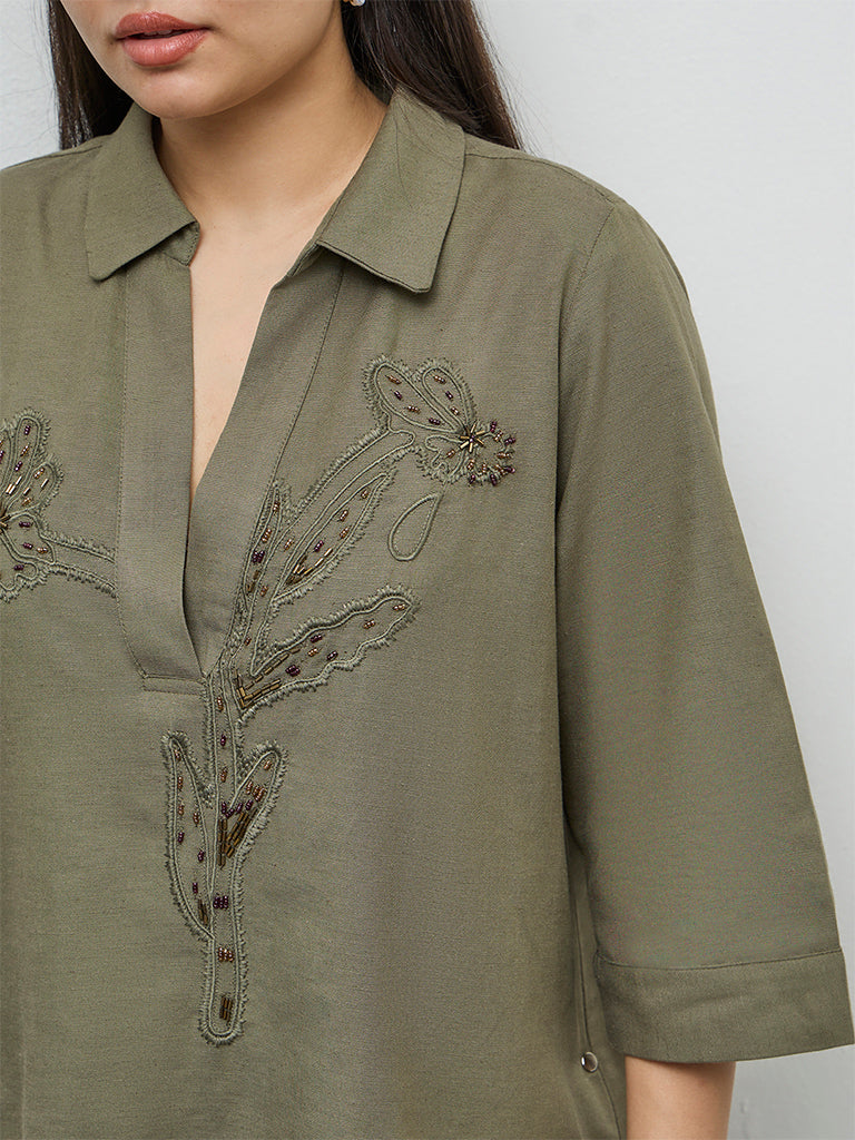 Gia Olive Floral Embellished Blouse