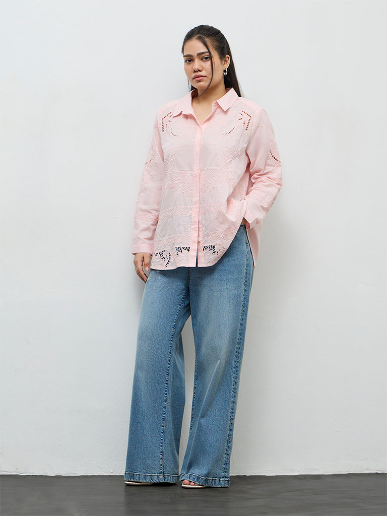 Gia Light Pink Floral Embroidered Cotton Shirt