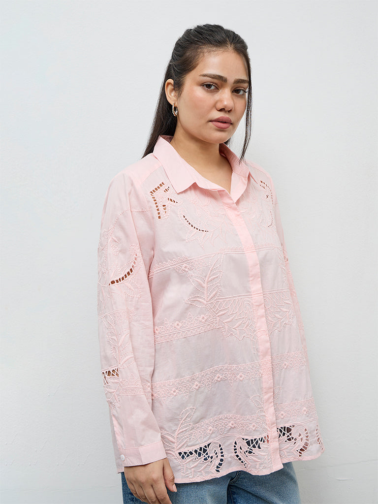 Gia Light Pink Floral Embroidered Cotton Shirt