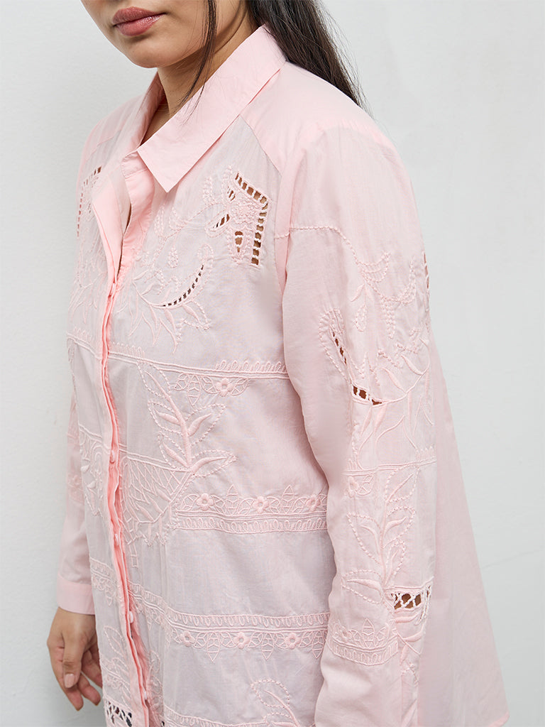 Gia Light Pink Floral Embroidered Cotton Shirt