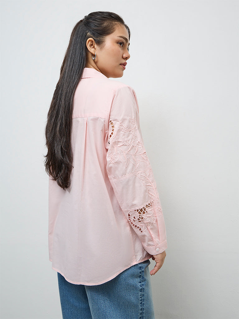 Gia Light Pink Floral Embroidered Cotton Shirt