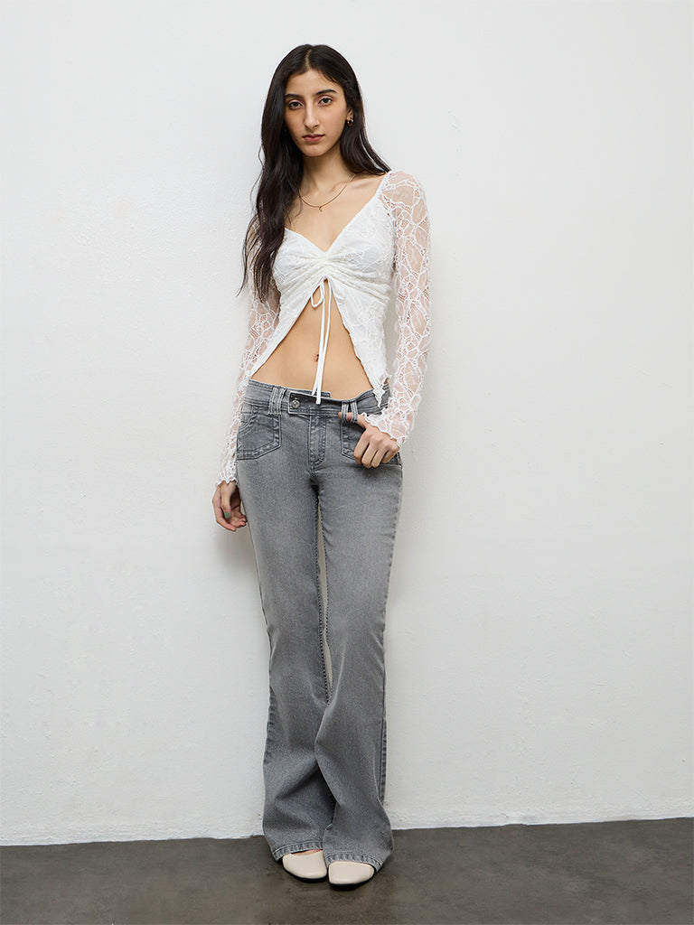 Nuon White Ruched-Detail Lace Top