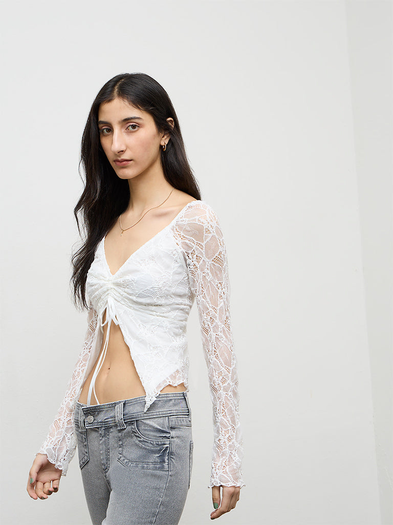 Nuon White Ruched-Detail Lace Top