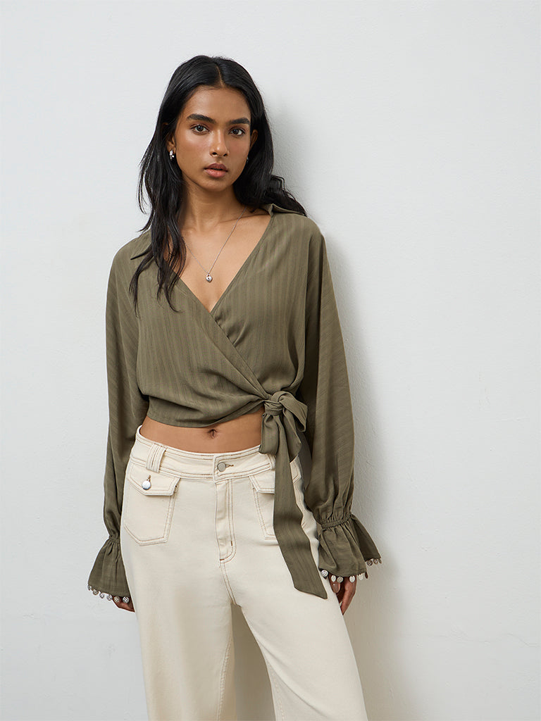 LOV Olive Striped Wrap-Style Top