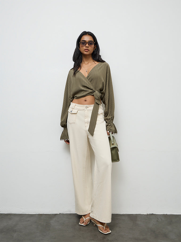 LOV Olive Striped Wrap-Style Top