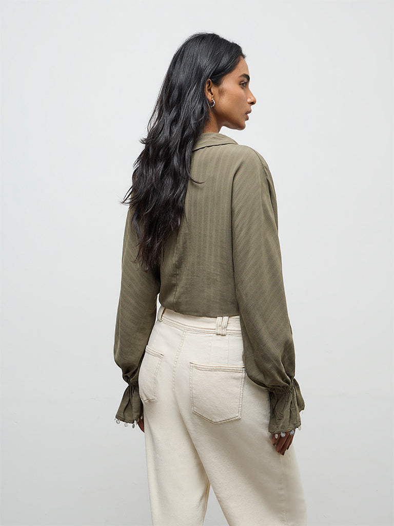 LOV Olive Striped Wrap-Style Top