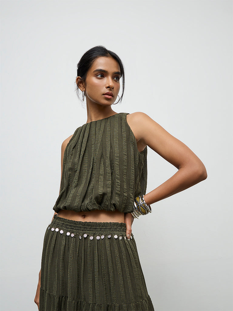 LOV Olive Textured Bubble Top