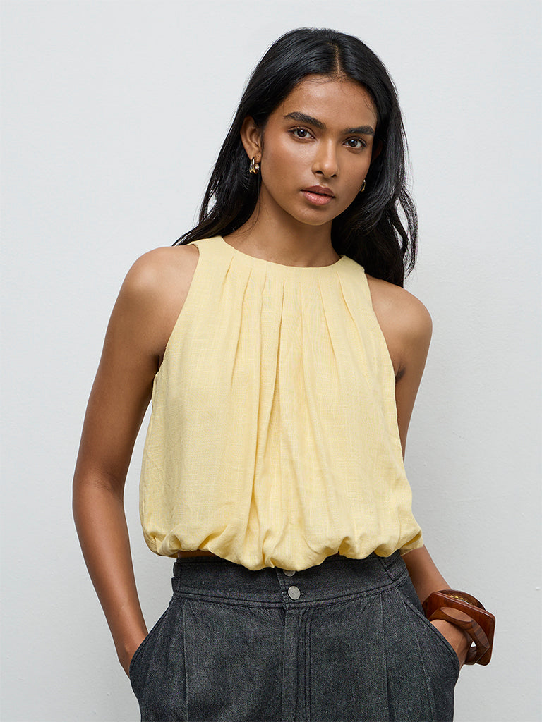 LOV Yellow Solid Linen-Blend Top