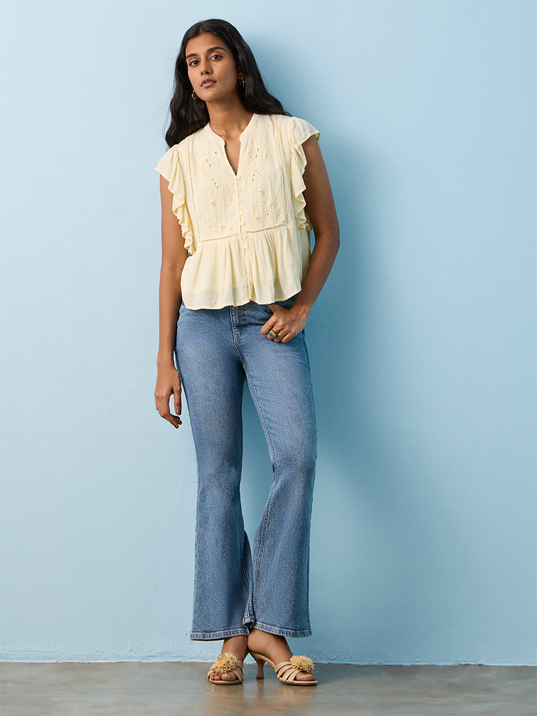 LOV Light Yellow Floral Embroidered Blouse