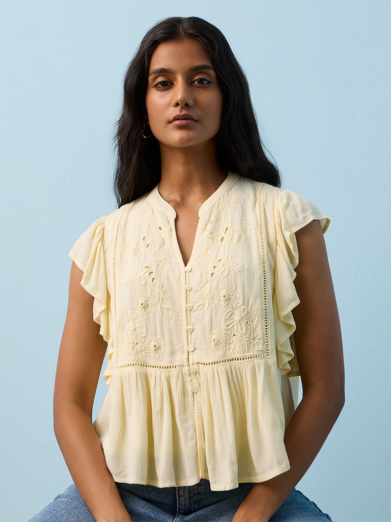 LOV Light Yellow Floral Embroidered Blouse