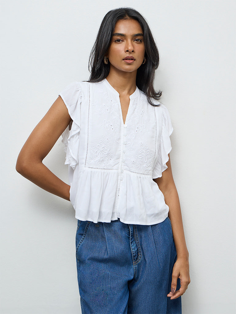 LOV White Floral Embroidered Cotton Blouse