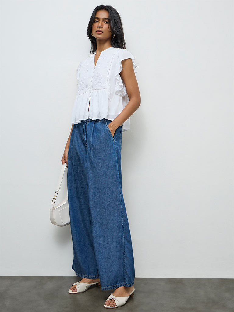 LOV White Floral Embroidered Cotton Blouse