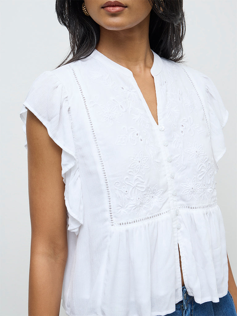 LOV White Floral Embroidered Cotton Blouse