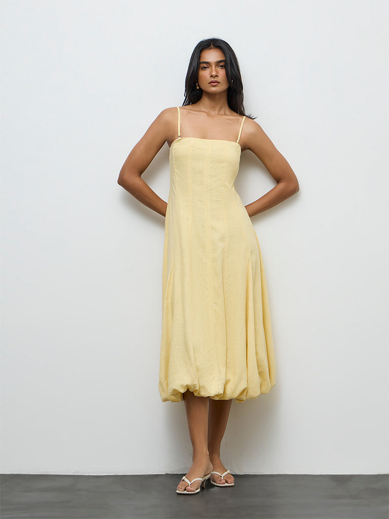 LOV Yellow Linen-Blend Balloon Dress