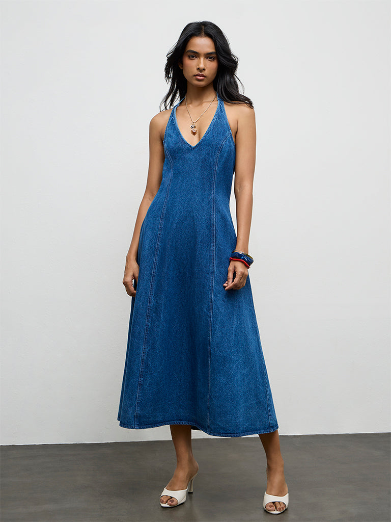 LOV Blue Denim A-Line Dress