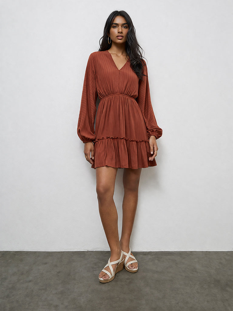 LOV Rust Crinkle-Textured A-Line Dress
