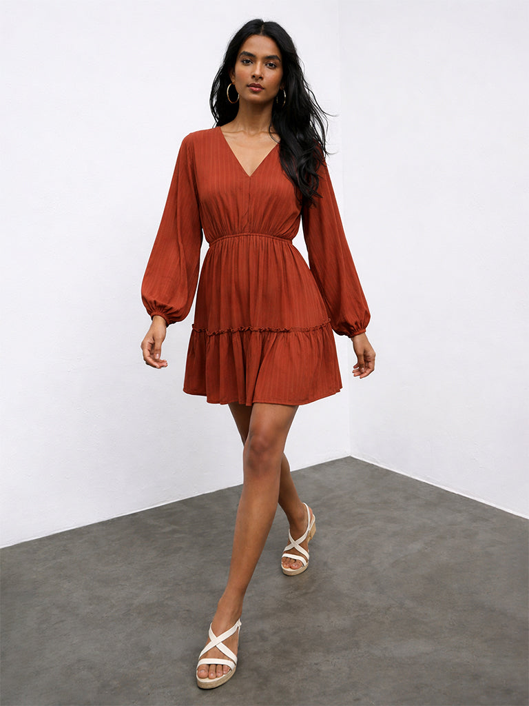 LOV Rust Crinkle-Textured A-Line Dress