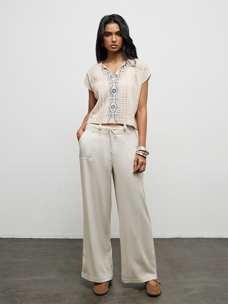LOV Off-White Crochet-Knit Cotton-Blend Top