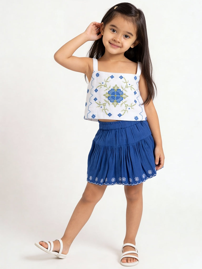 Utsa Kids Girls Blue Embroidered Flared Skirt - (2-8 yrs)