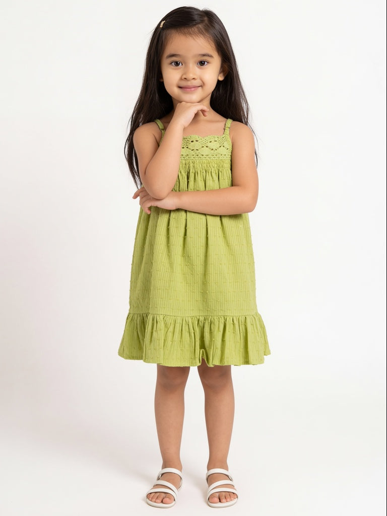 Utsa Kids Girls Lime Green Textured Cotton Flared Dress - (2-8 yrs)