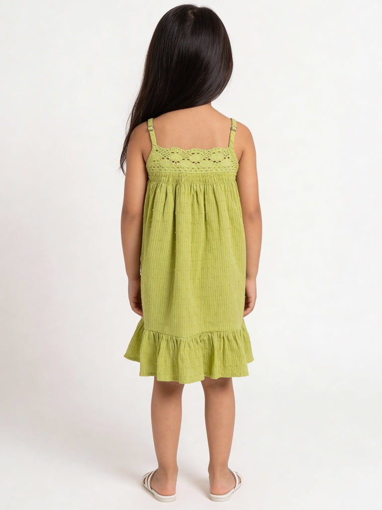 Utsa Kids Girls Lime Green Textured Cotton Flared Dress - (2-8 yrs)