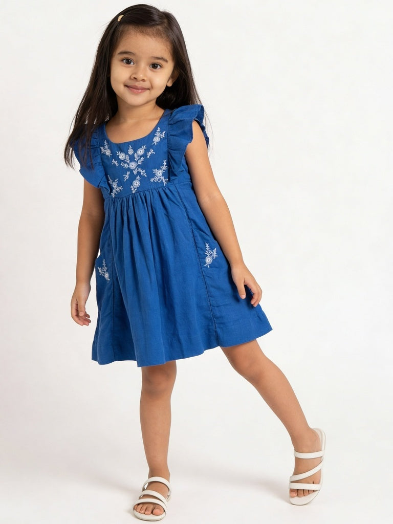 Utsa Kids Girls Blue Embroidered Cotton A-Line Dress - (2-8 yrs)
