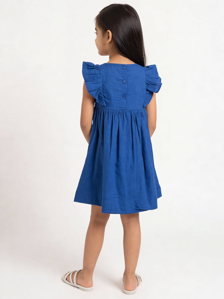 Utsa Kids Girls Blue Embroidered Cotton A-Line Dress - (2-8 yrs)