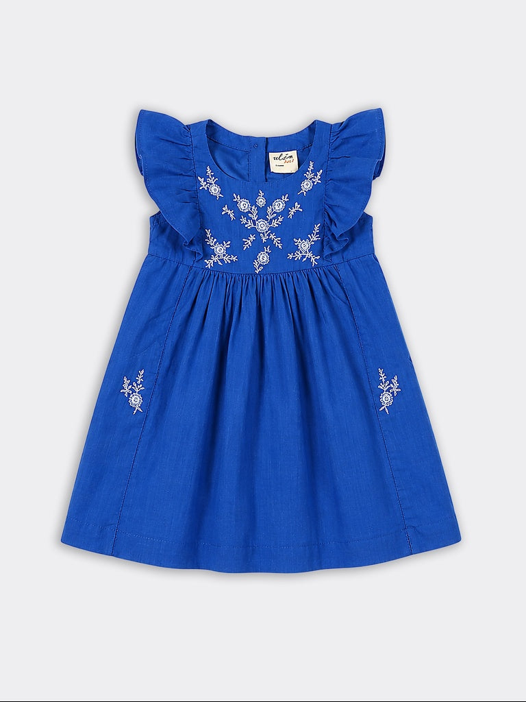 Utsa Kids Girls Blue Embroidered Cotton A-Line Dress - (2-8 yrs)