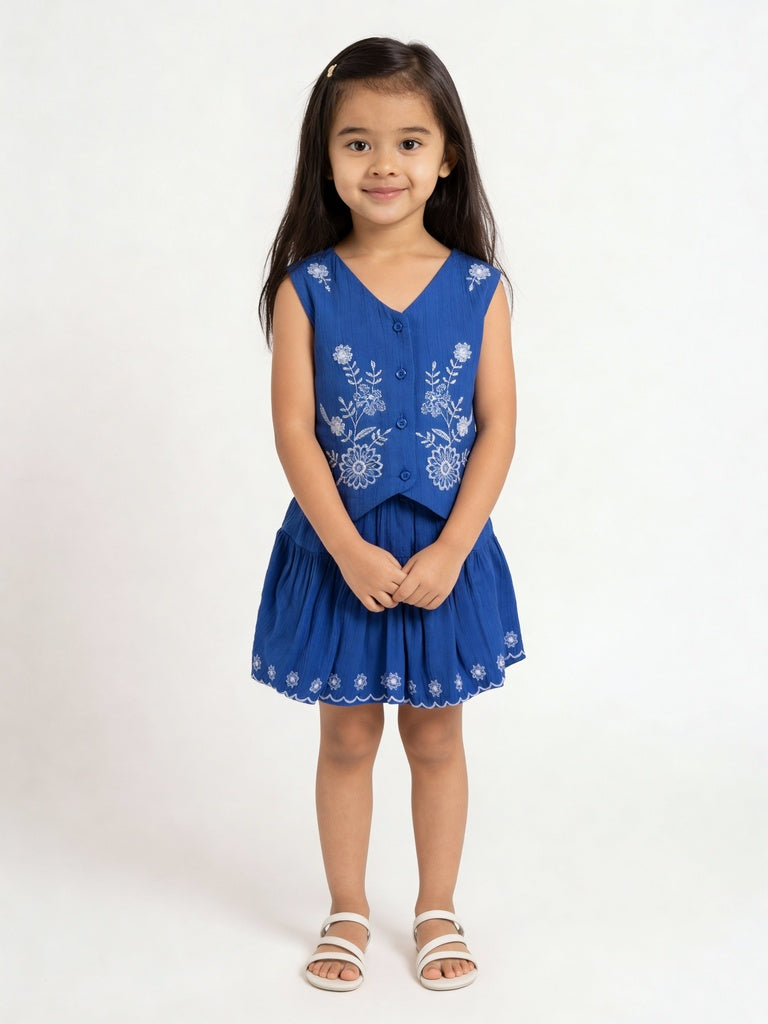 Utsa Kids Girls Blue Floral Embroidered Rayon Waistcoat - (2-8 yrs)
