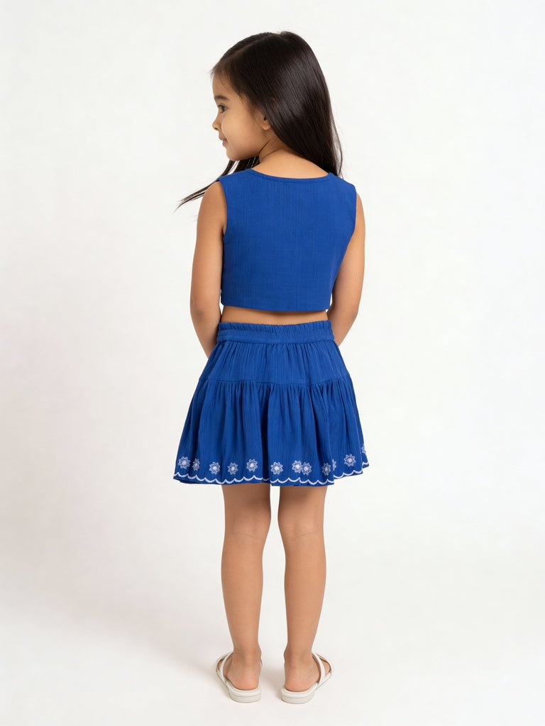 Utsa Kids Girls Blue Floral Embroidered Rayon Waistcoat - (2-8 yrs)