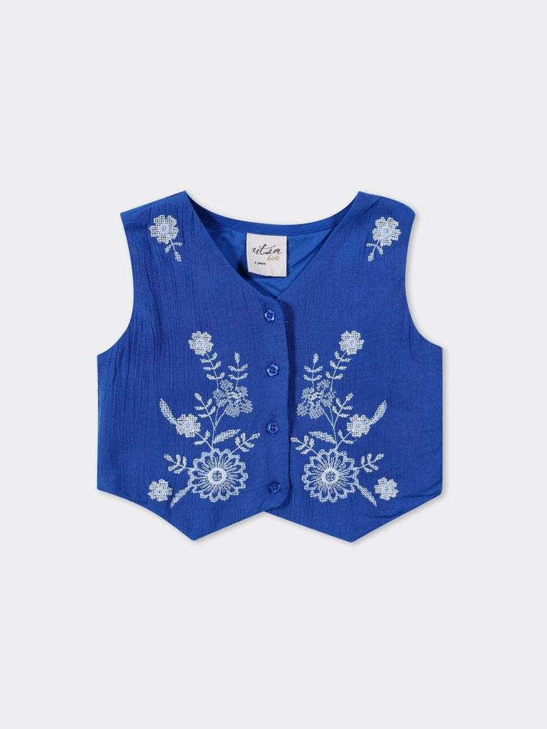 Utsa Kids Girls Blue Floral Embroidered Rayon Waistcoat - (2-8 yrs)