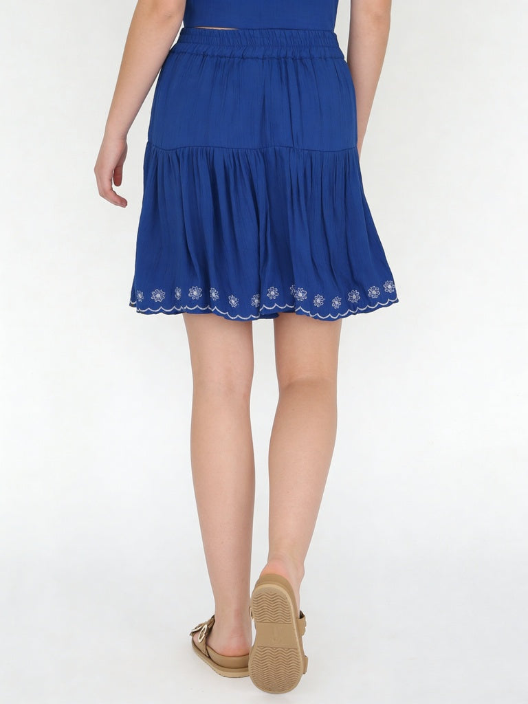 Utsa Kids Girls Cobalt Blue Embroidered Rayon Skirt - (8-14 yrs)