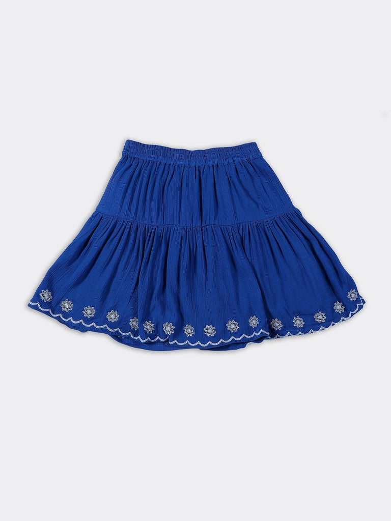 Utsa Kids Girls Cobalt Blue Embroidered Rayon Skirt - (8-14 yrs)
