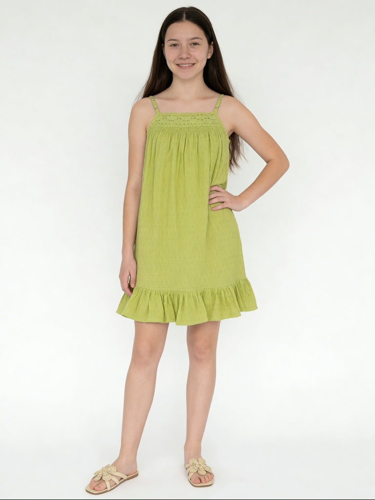 Utsa Kids Girls Lime Green Textured Cotton Dress - (8-14 yrs)