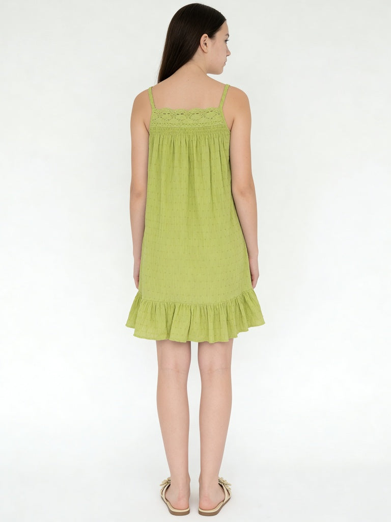 Utsa Kids Girls Lime Green Textured Cotton Dress - (8-14 yrs)
