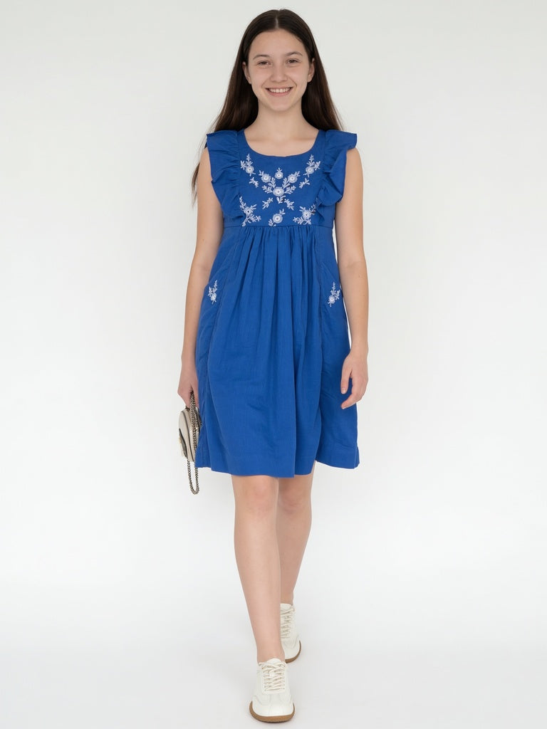 Utsa Kids Girls Blue Floral Embroidered Cotton Flared Dress - (8-14 yrs)