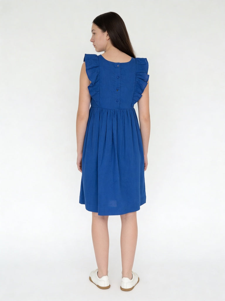 Utsa Kids Girls Blue Floral Embroidered Cotton Flared Dress - (8-14 yrs)