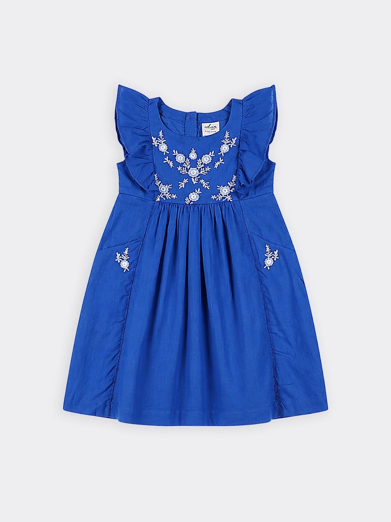 Utsa Kids Girls Blue Floral Embroidered Cotton Flared Dress - (8-14 yrs)