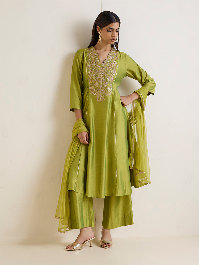 Vark Lime Embroidered Anarkali Ethnic Set