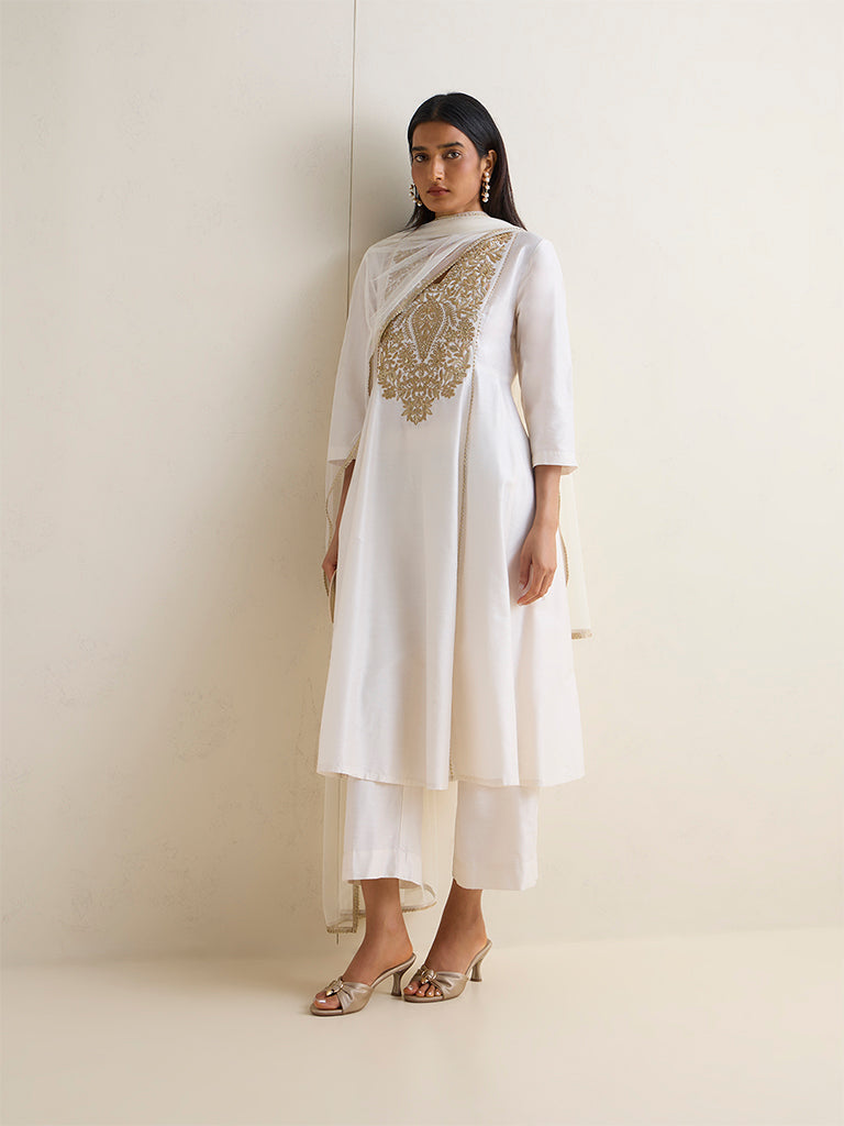 Vark Off-White Floral Embroidered A-Line Ethnic Set