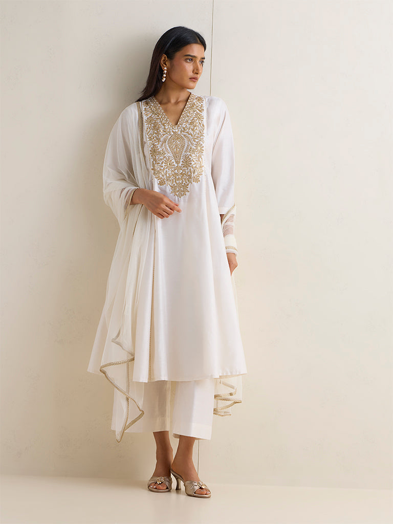 Vark Off-White Floral Embroidered A-Line Ethnic Set
