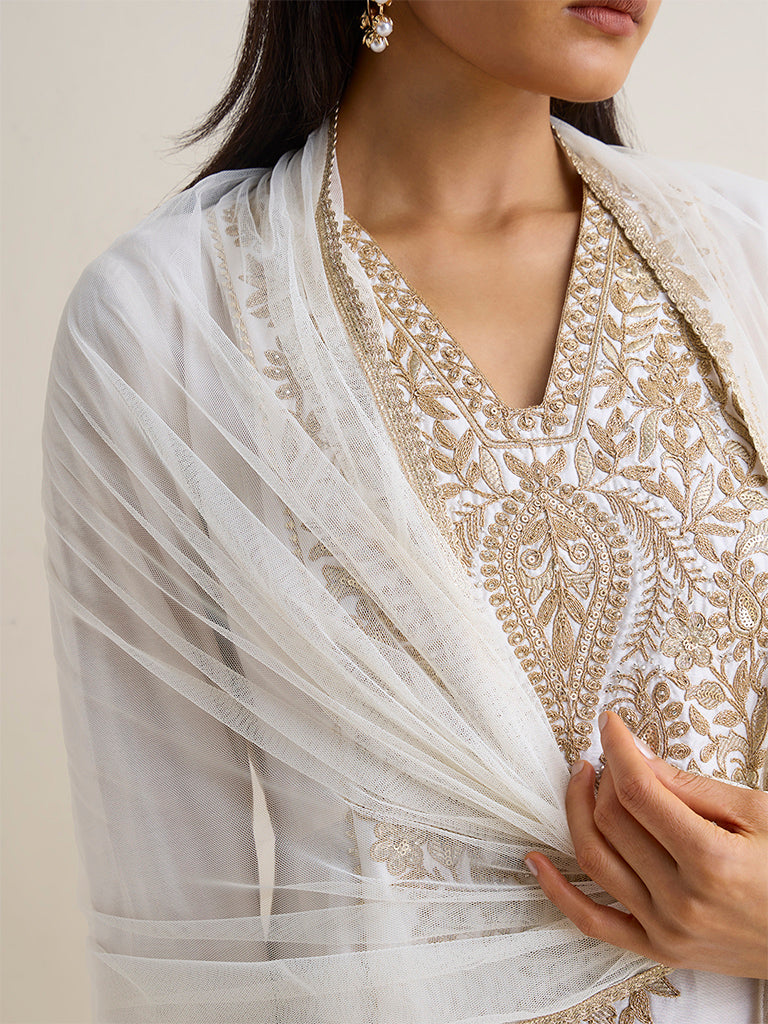 Vark Off-White Floral Embroidered A-Line Ethnic Set