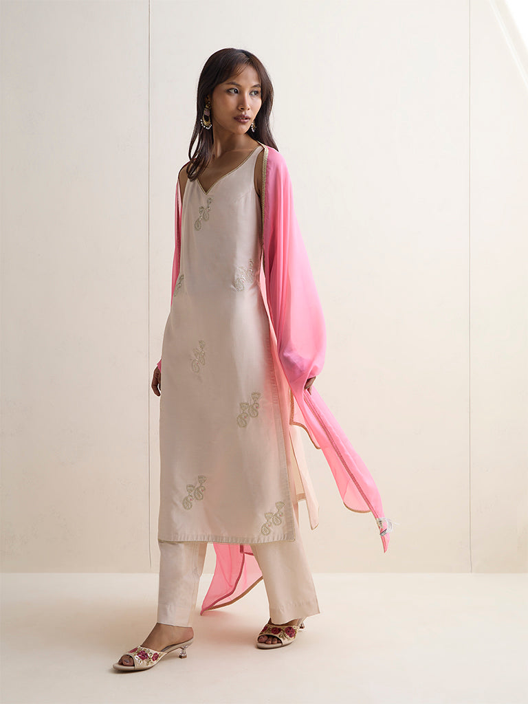 Vark Light Beige Embroidered A-Line Ethnic Set
