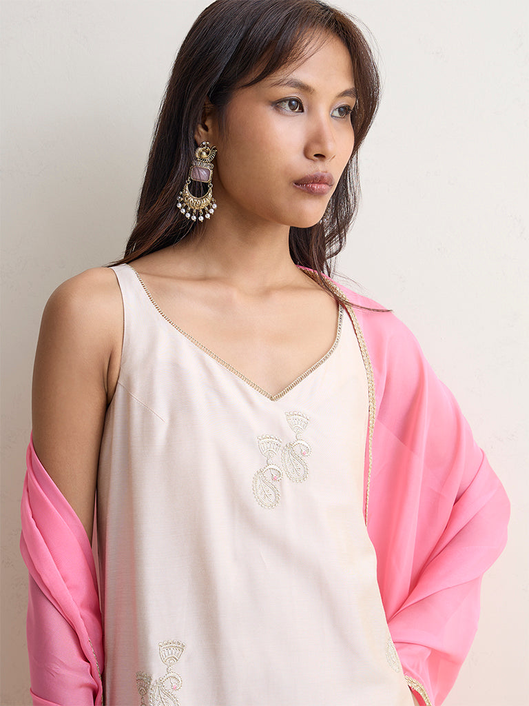 Vark Light Beige Embroidered A-Line Ethnic Set