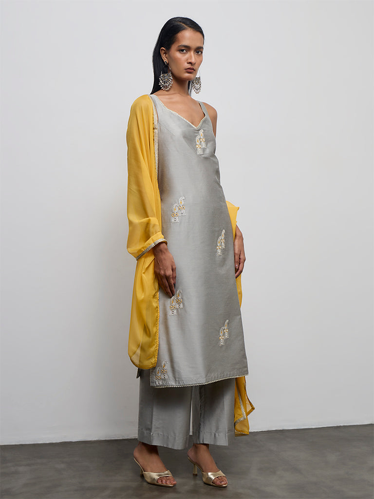 Vark Grey Embroidered A-Line Ethnic Set