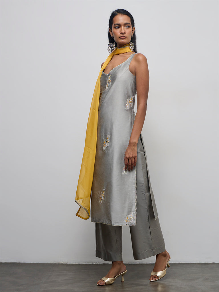Vark Grey Embroidered A-Line Ethnic Set
