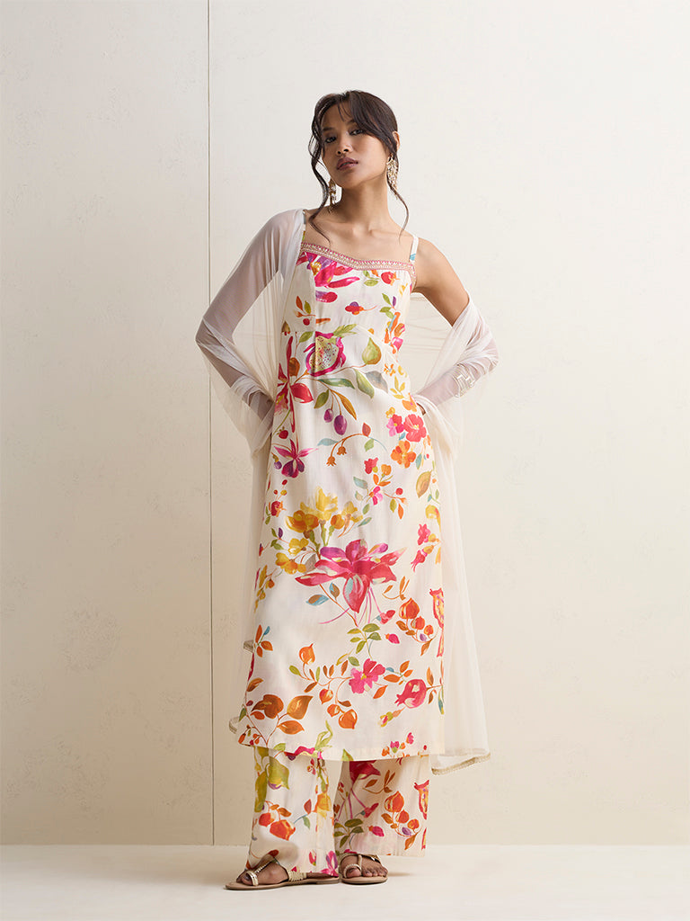 Vark White Foliage Pattern A-Line Ethnic Set