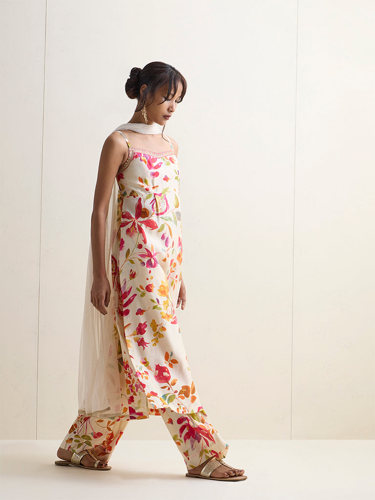 Vark White Foliage Pattern A-Line Ethnic Set